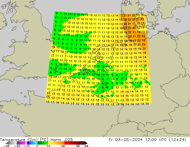 Temperatura (2m) Harm .025 ven 03.05.2024 12 UTC