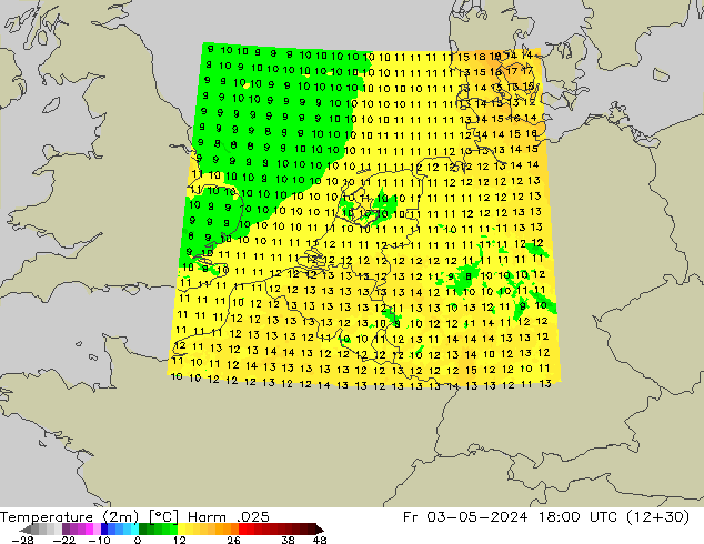 Temperatuurkaart (2m) Harm .025 vr 03.05.2024 18 UTC