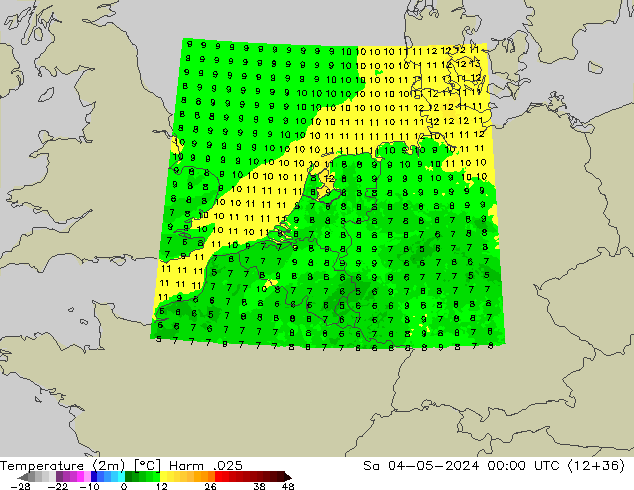 Temperatura (2m) Harm .025 sáb 04.05.2024 00 UTC