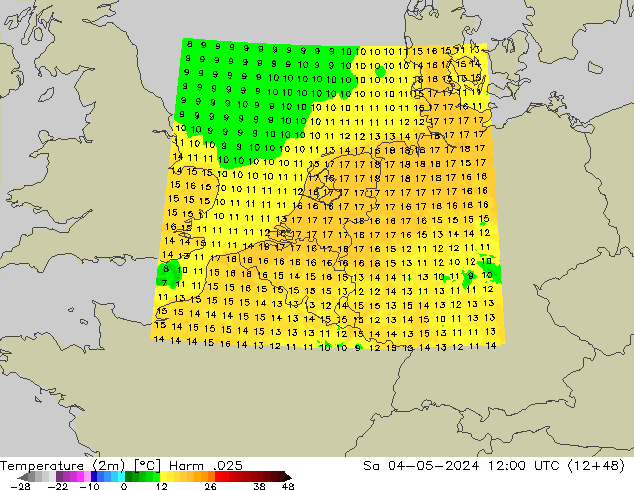 mapa temperatury (2m) Harm .025 so. 04.05.2024 12 UTC