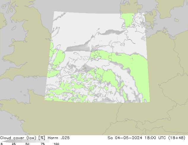 Cloud cover (low) Harm .025 Sa 04.05.2024 18 UTC