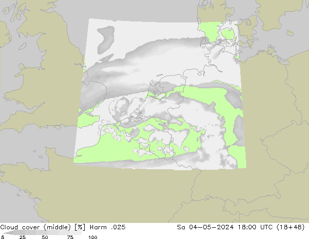Cloud cover (middle) Harm .025 Sa 04.05.2024 18 UTC