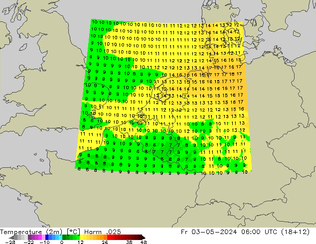 Temperatura (2m) Harm .025 ven 03.05.2024 06 UTC