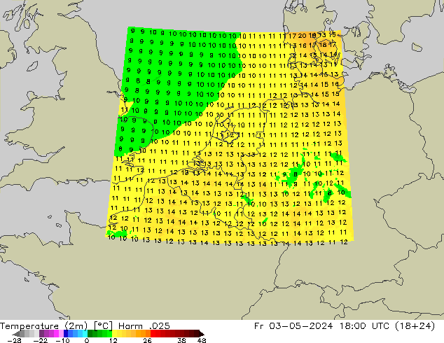 Temperature (2m) Harm .025 Fr 03.05.2024 18 UTC