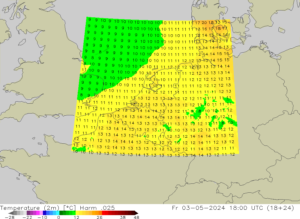 Temperatura (2m) Harm .025 ven 03.05.2024 18 UTC