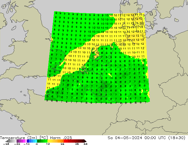 Temperatuurkaart (2m) Harm .025 za 04.05.2024 00 UTC