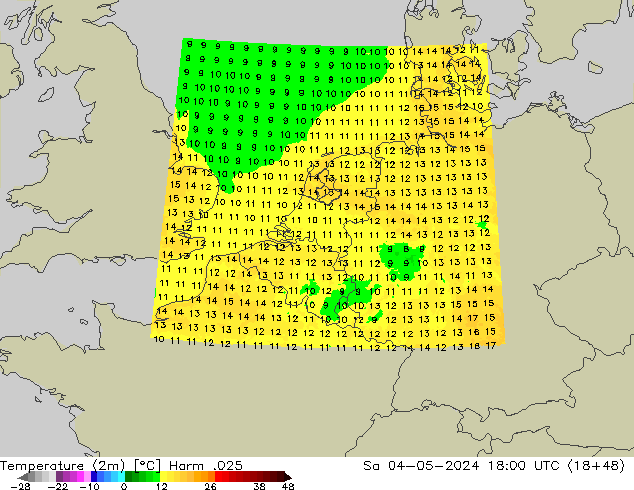 mapa temperatury (2m) Harm .025 so. 04.05.2024 18 UTC