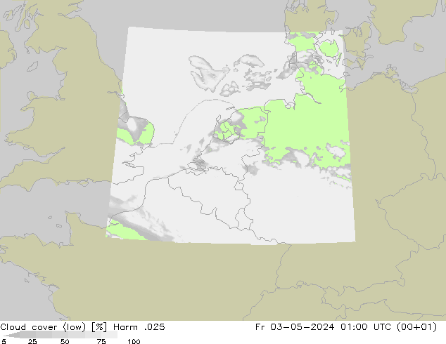 Cloud cover (low) Harm .025 Fr 03.05.2024 01 UTC