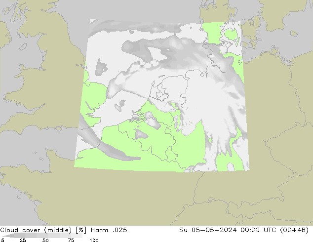 Cloud cover (middle) Harm .025 Su 05.05.2024 00 UTC