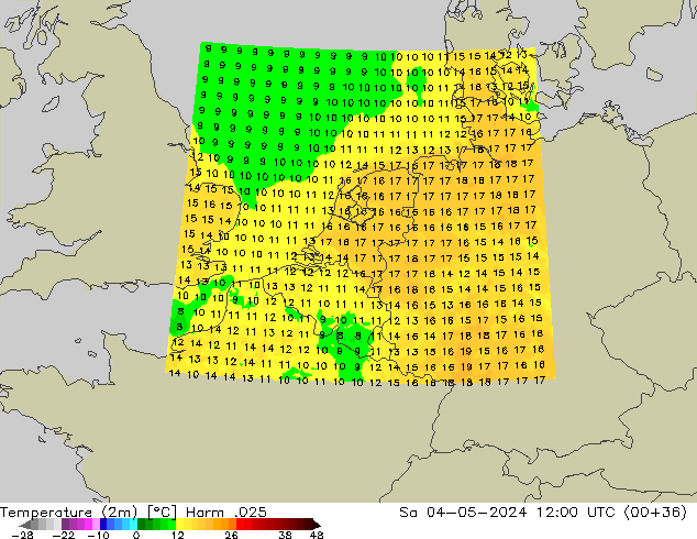 Temperaturkarte (2m) Harm .025 Sa 04.05.2024 12 UTC