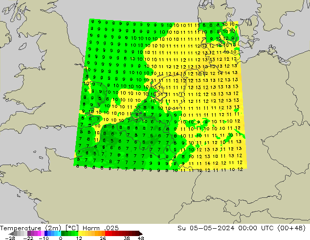 Temperatuurkaart (2m) Harm .025 zo 05.05.2024 00 UTC