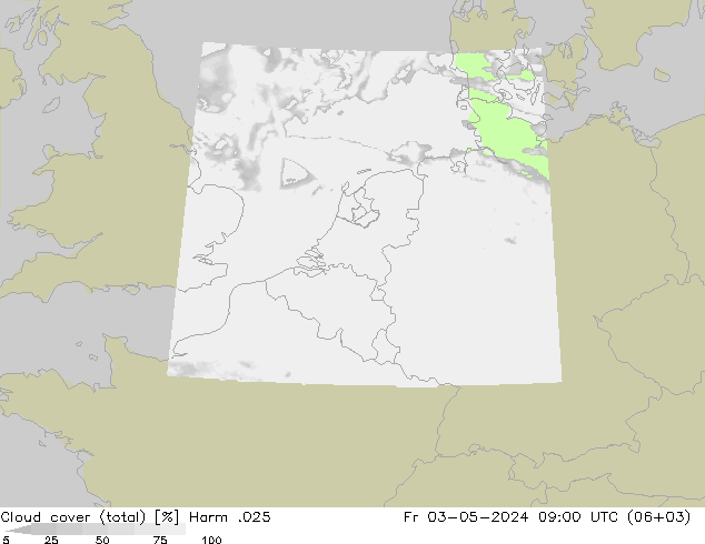 Cloud cover (total) Harm .025 Fr 03.05.2024 09 UTC