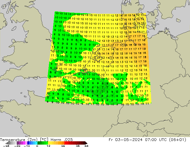 Sıcaklık Haritası (2m) Harm .025 Cu 03.05.2024 07 UTC