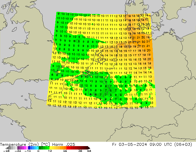 Temperaturkarte (2m) Harm .025 Fr 03.05.2024 09 UTC