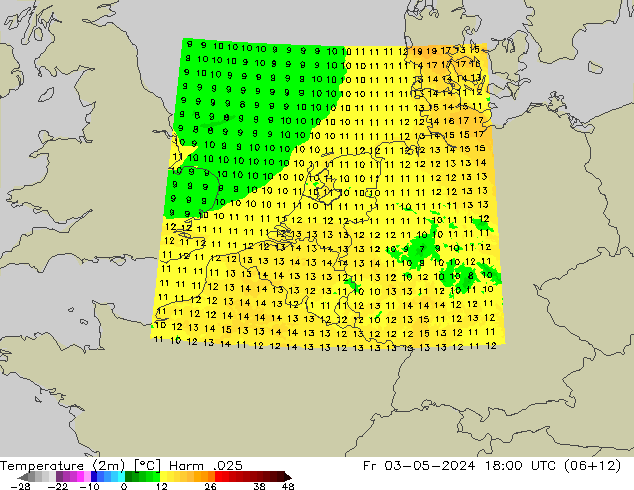 Temperaturkarte (2m) Harm .025 Fr 03.05.2024 18 UTC