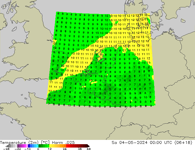 Temperatuurkaart (2m) Harm .025 za 04.05.2024 00 UTC