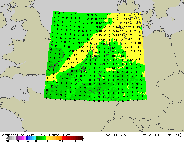 Temperatuurkaart (2m) Harm .025 za 04.05.2024 06 UTC