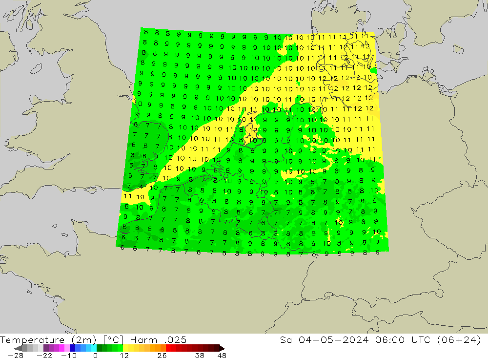 Temperature (2m) Harm .025 Sa 04.05.2024 06 UTC