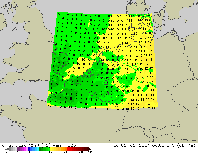 Temperatuurkaart (2m) Harm .025 zo 05.05.2024 06 UTC