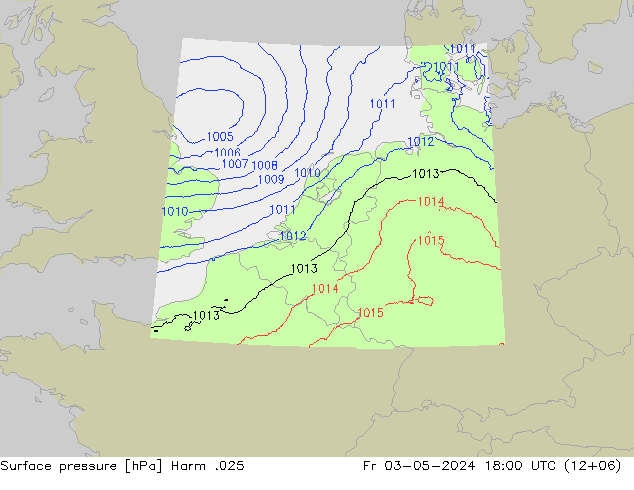 地面气压 Harm .025 星期五 03.05.2024 18 UTC