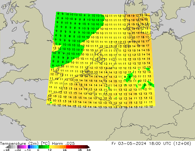 Temperatura (2m) Harm .025 ven 03.05.2024 18 UTC