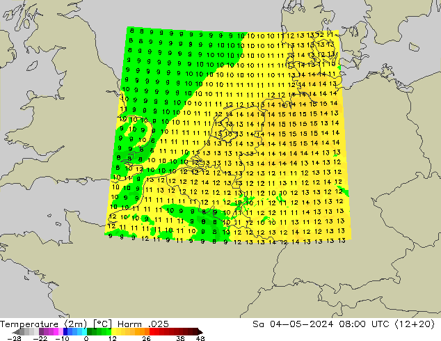 Temperatura (2m) Harm .025 sab 04.05.2024 08 UTC