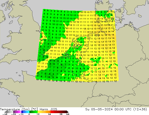 Temperatuurkaart (2m) Harm .025 zo 05.05.2024 00 UTC