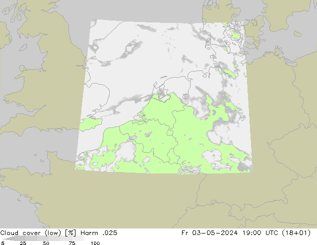 Cloud cover (low) Harm .025 Fr 03.05.2024 19 UTC