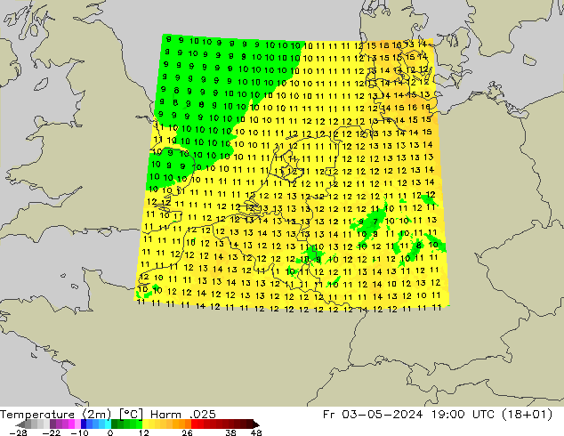 Temperaturkarte (2m) Harm .025 Fr 03.05.2024 19 UTC