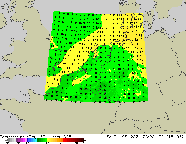 mapa temperatury (2m) Harm .025 so. 04.05.2024 00 UTC