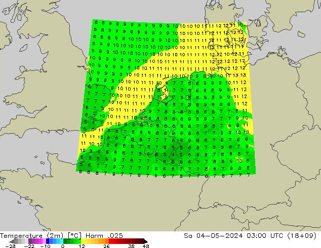 Temperatuurkaart (2m) Harm .025 za 04.05.2024 03 UTC