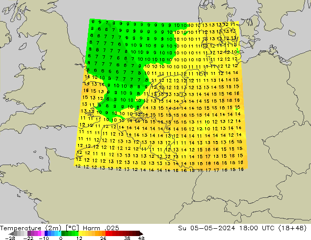 Temperaturkarte (2m) Harm .025 So 05.05.2024 18 UTC