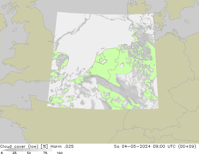 Cloud cover (low) Harm .025 Sa 04.05.2024 09 UTC