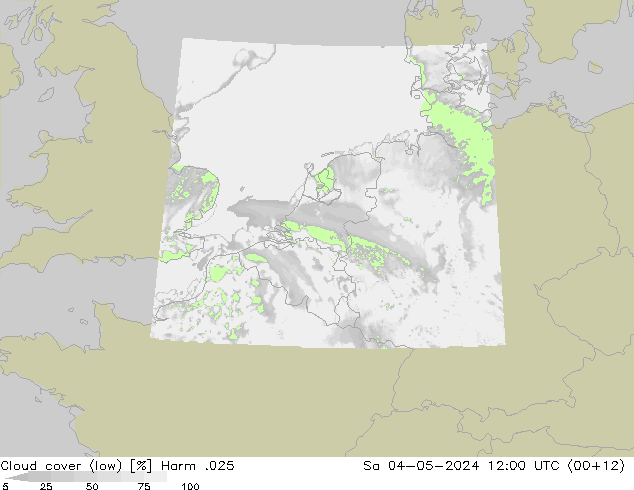 Cloud cover (low) Harm .025 Sa 04.05.2024 12 UTC
