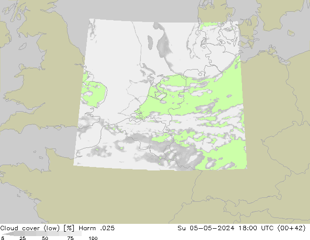 Cloud cover (low) Harm .025 Su 05.05.2024 18 UTC