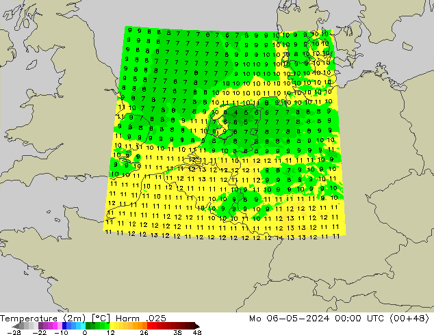 Temperatuurkaart (2m) Harm .025 ma 06.05.2024 00 UTC