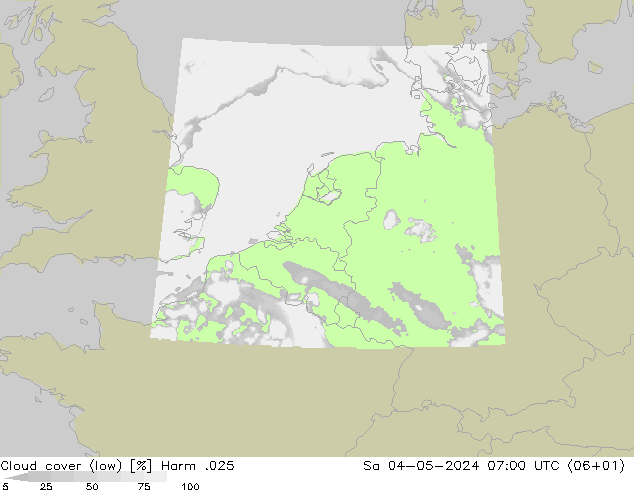 Cloud cover (low) Harm .025 Sa 04.05.2024 07 UTC