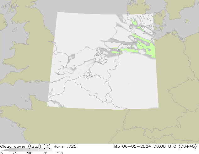 Cloud cover (total) Harm .025 Po 06.05.2024 06 UTC