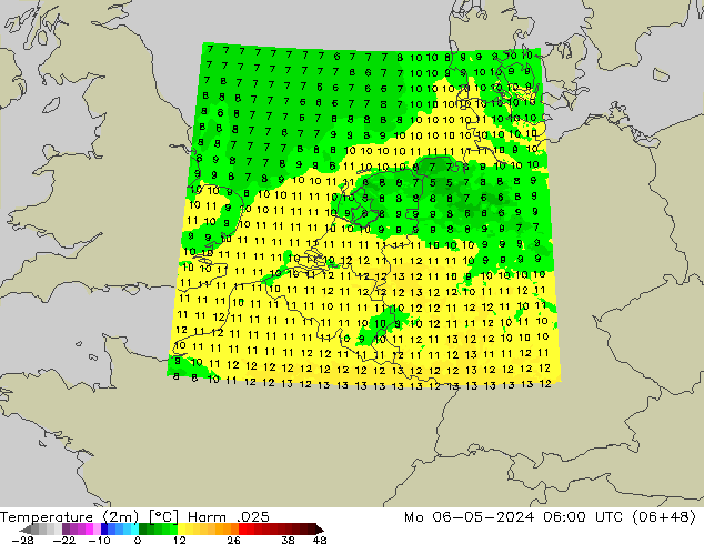 mapa temperatury (2m) Harm .025 pon. 06.05.2024 06 UTC