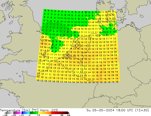 mapa temperatury (2m) Harm .025 nie. 05.05.2024 18 UTC
