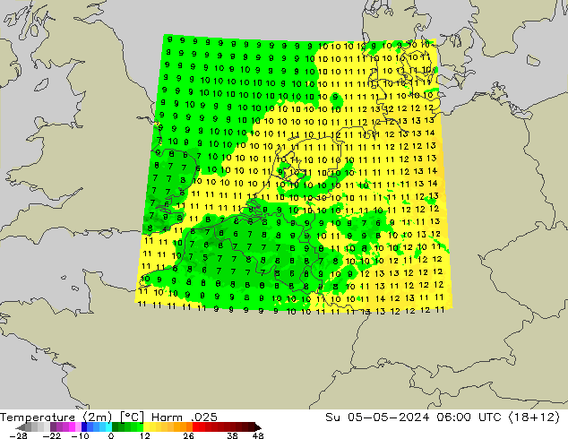 Temperaturkarte (2m) Harm .025 So 05.05.2024 06 UTC