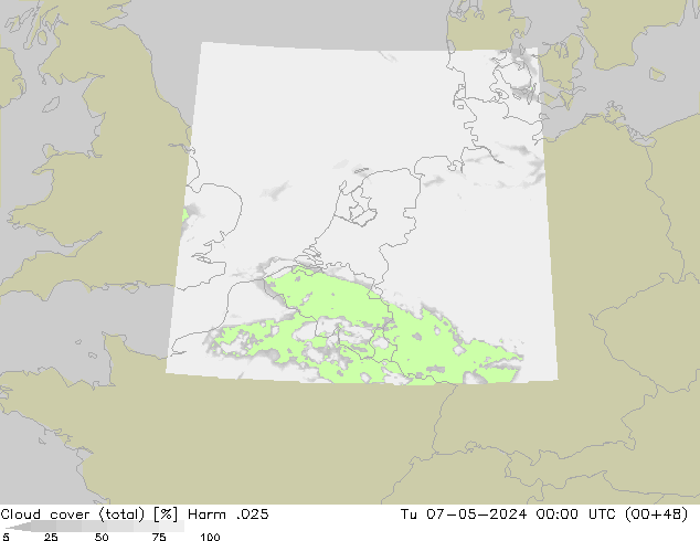 Cloud cover (total) Harm .025 Út 07.05.2024 00 UTC