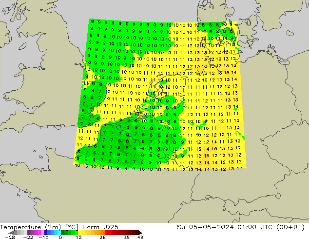 Temperatuurkaart (2m) Harm .025 zo 05.05.2024 01 UTC