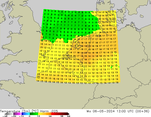 mapa temperatury (2m) Harm .025 pon. 06.05.2024 12 UTC
