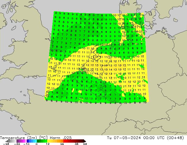 mapa temperatury (2m) Harm .025 wto. 07.05.2024 00 UTC