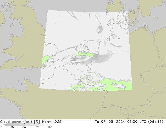 Cloud cover (low) Harm .025 Tu 07.05.2024 06 UTC