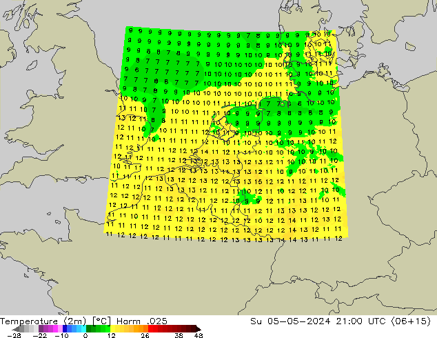 Temperatura (2m) Harm .025 Dom 05.05.2024 21 UTC