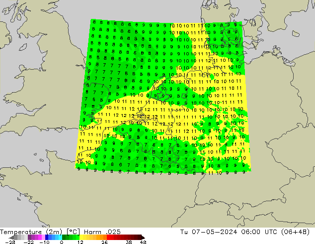 mapa temperatury (2m) Harm .025 wto. 07.05.2024 06 UTC