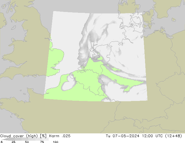 Cloud cover (high) Harm .025 Tu 07.05.2024 12 UTC