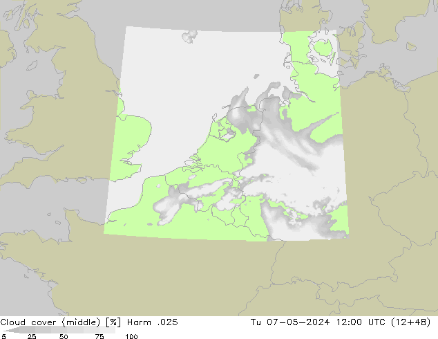 Cloud cover (middle) Harm .025 Tu 07.05.2024 12 UTC